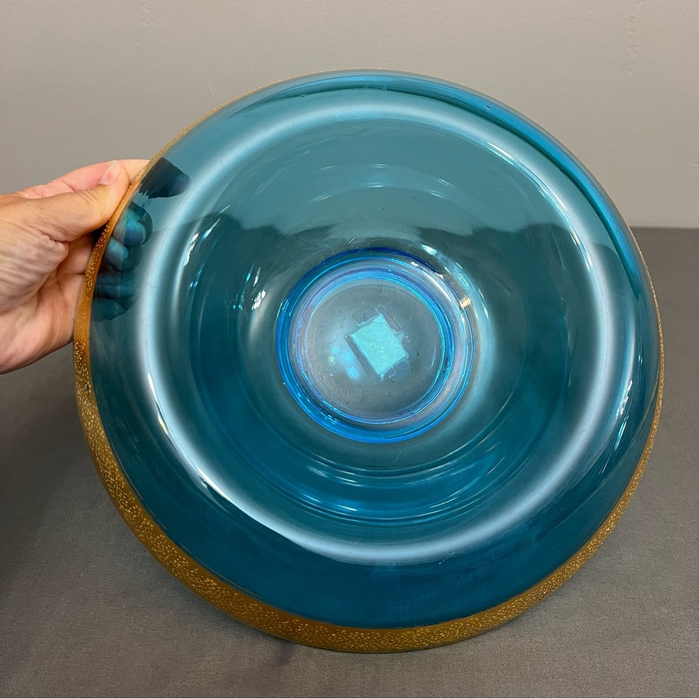 VTG Blue Depression Glass Console Dish W/ Gold Trim 11x3”